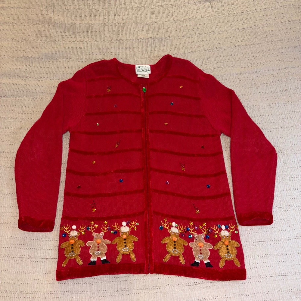 Quacker Factory Vintage Reindeer Christmas Sweater Red Zip Cardigan Large